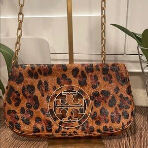 Tory Burch Leopard-Print Patent Leather Shoulder Bag with Gold Logo